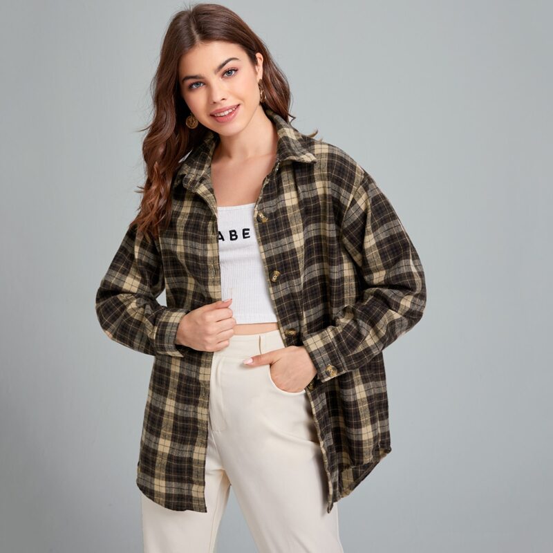 

Button Front Plaid Overshirt, Coffee brown