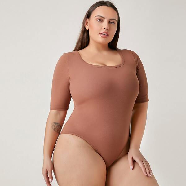 

Plus Solid Tee Bodysuit, Apricot