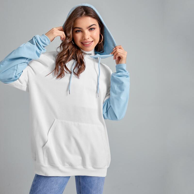 

Kangaroo Pocket Drawstring Oversized Hoodie, Blue and white
