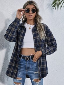 SHEIN LUNE 落肩格紋長款襯衫 - 藏蓝色 - 查看 1