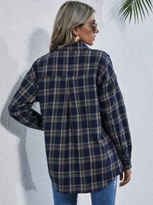 SHEIN LUNE 落肩格紋長款襯衫 - 藏蓝色 - 查看 2