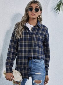 SHEIN LUNE 落肩格紋長款襯衫 - 藏蓝色 - 查看 5