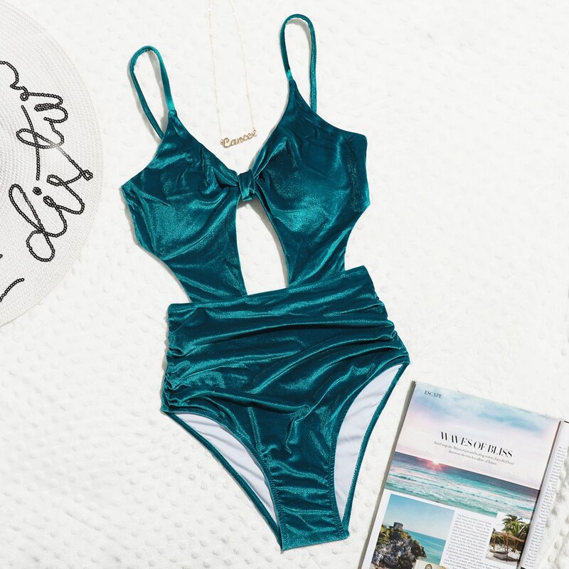 

Cut-out Velvet One Piece Swimsuit, Teal blue