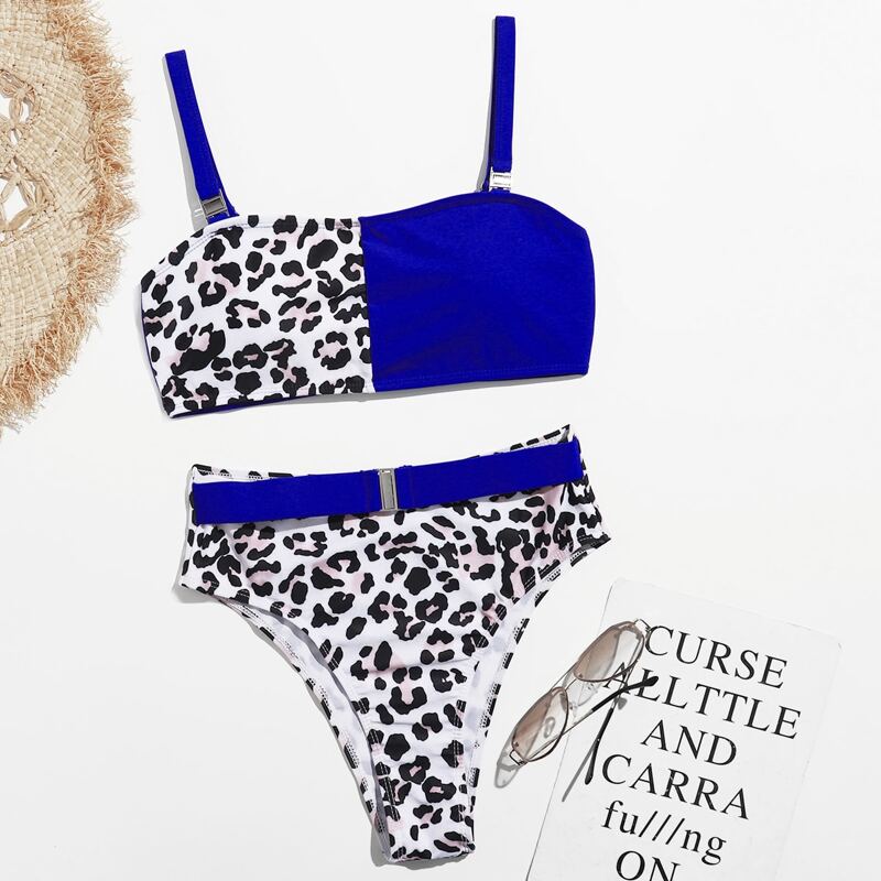 Leopard Spliced High Waist Bikini Swimsuit, Multicolor