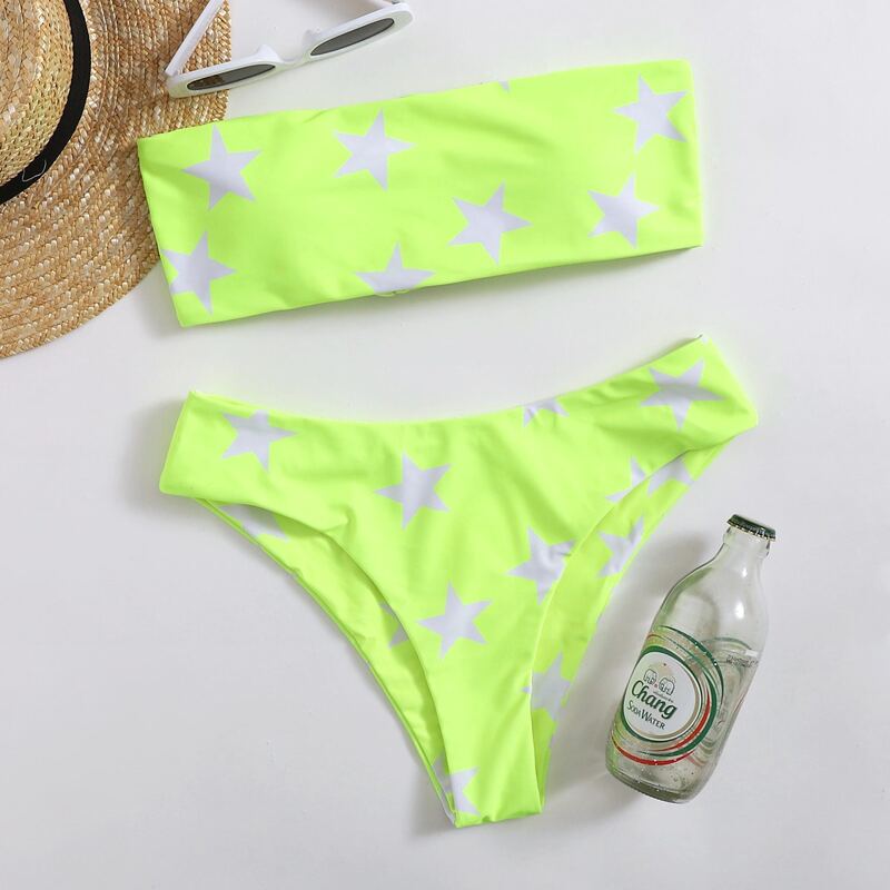 

Star Print Lace-up Bandeau Bikini Swimsuit, Green neon