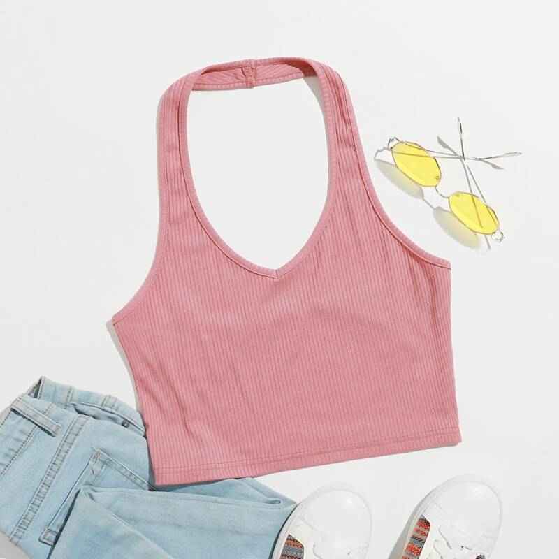 

Ribbed Crop Halter Top, Dusty pink
