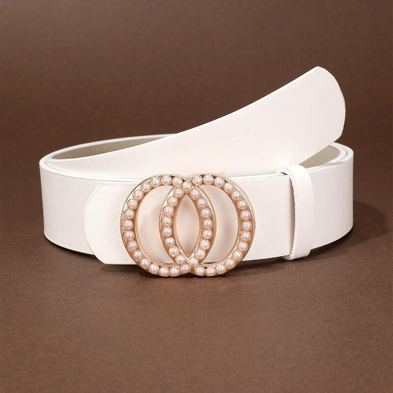 

Faux Pearl Ring Buckle Belt, White