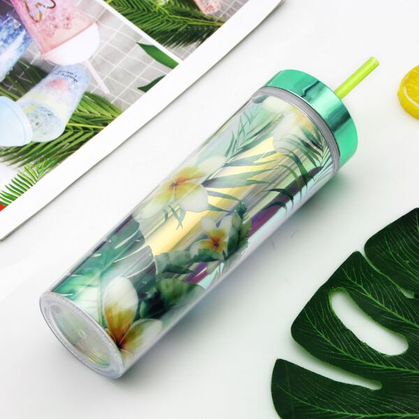 

1pc Flower Print Straw Bottle, Green