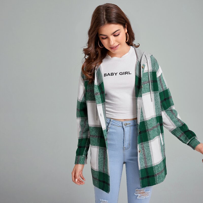 

Plaid Hooded Drawstring Coat, Multicolor