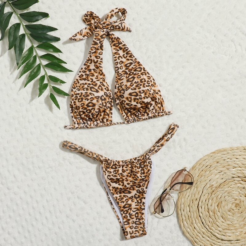 

Leopard Halter Thong Bikini Swimsuit, Brown