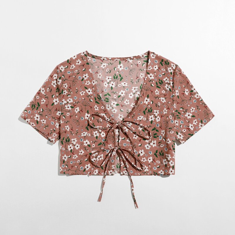 

Tie Front Ditsy Floral Crop Top, Multicolor
