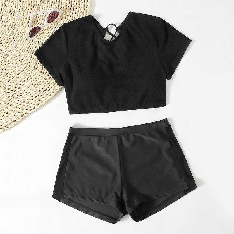 

Lace-up Back Shorts Bikini Swimsuit, Black
