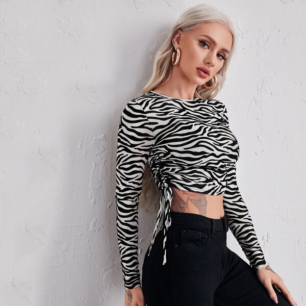 

Zebra Striped Drawstring Side Mesh Top, Black and white