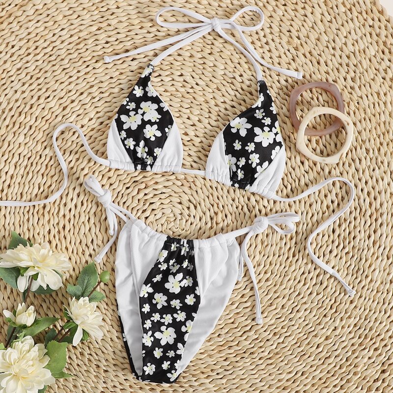 

Floral Colorblock Tie Side Bikini Swimsuit, Multicolor
