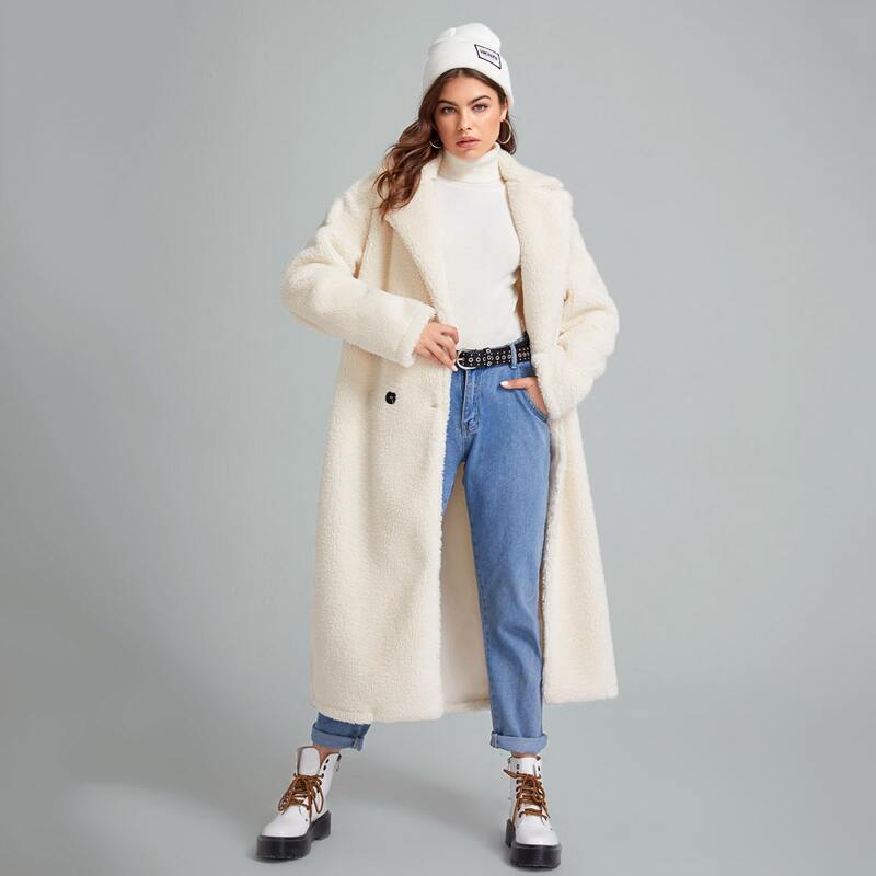

Solid Teddy Longline Coat, Beige