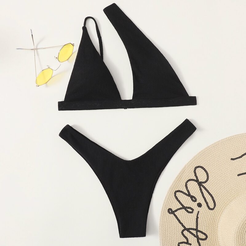 

Asymmetric Neck High Leg Bikini Swimsuit, Black