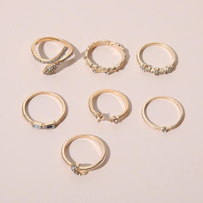 

7pcs Rhinestone Snake & Moon Ring, Gold