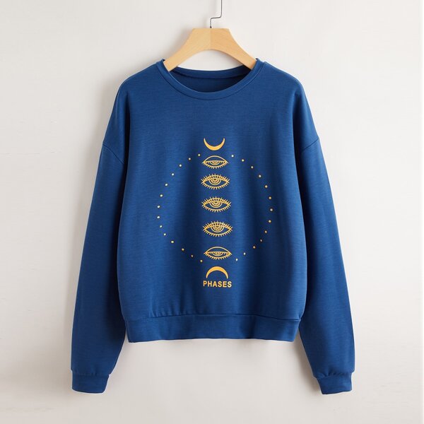 

Graphic Print Drop Shoulder Sweatshirt, Blue
