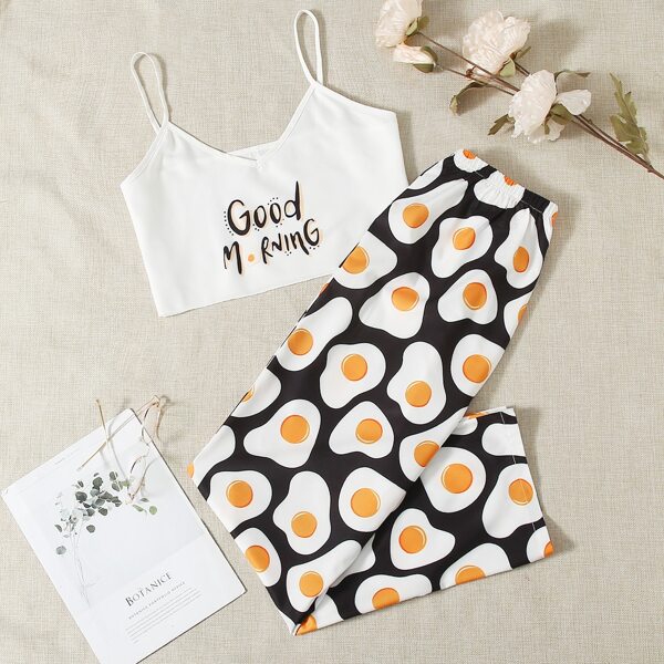 

Slogan And Sun Egg Print Pajama Set, Multicolor