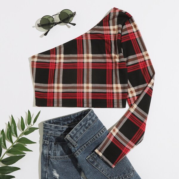 

One Shoulder Tartan Tee, Multicolor
