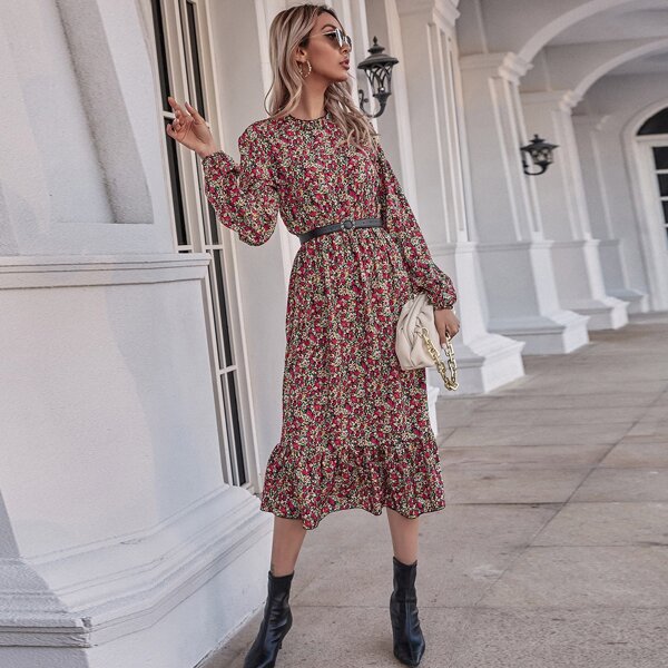

Frill Neck Ruffle Hem Ditsy Floral Dress, Multicolor