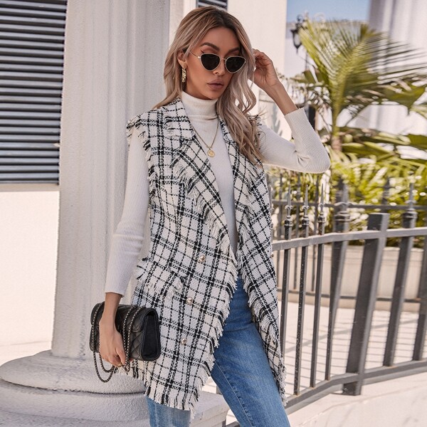 

Plaid Fringe Trimed Tweed Vest Blazer, Black and white