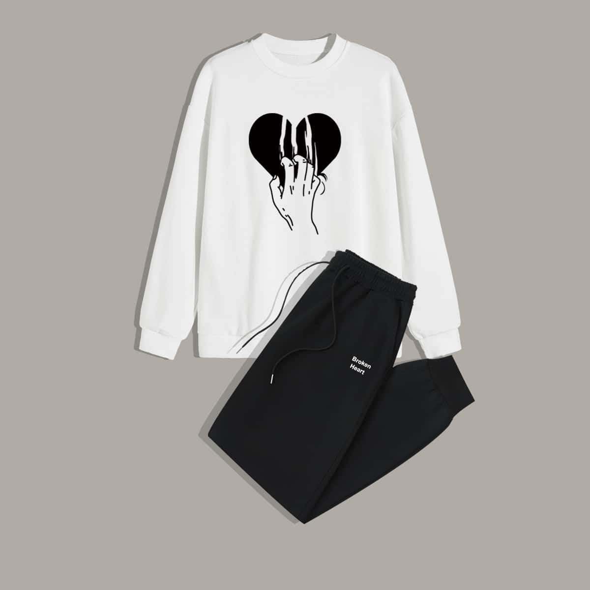

Guys Heart Print Sweatshirt & Drawstring Pants, Black and white