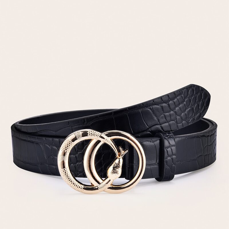 

Croc Embossed Snake Buckle Belt, Black
