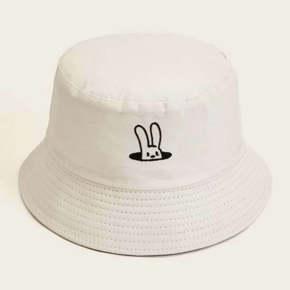 

Rabbit Embroidery Reversible Bucket Hat, Black and white