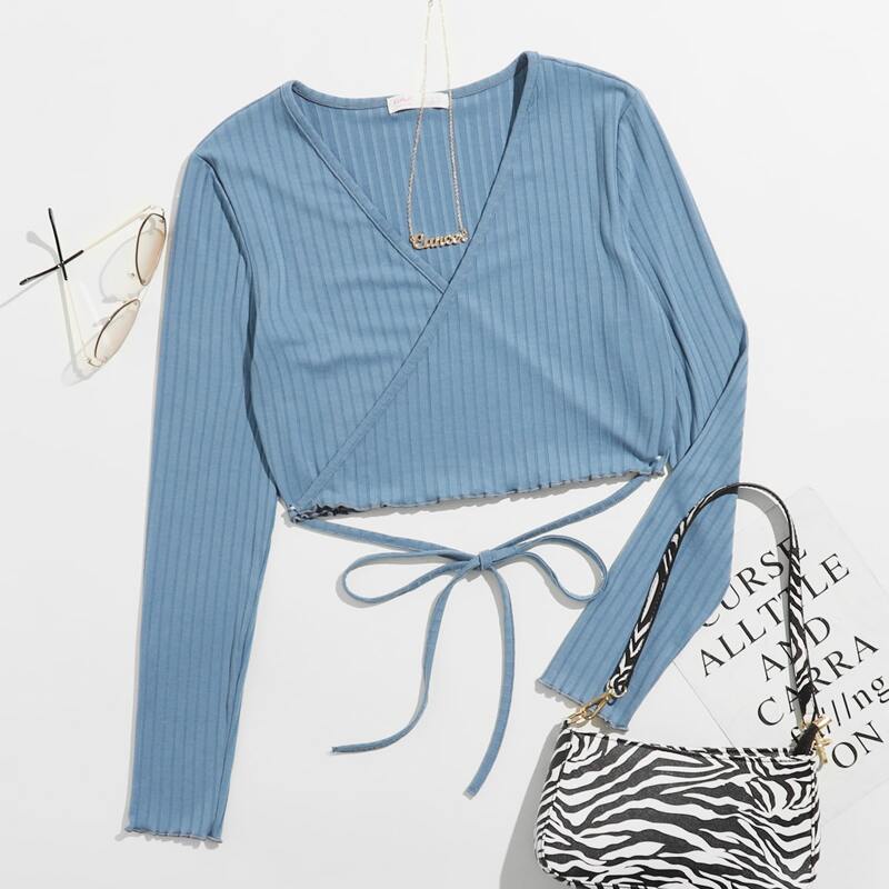 

Wrap Ribbed Tee, Dusty blue
