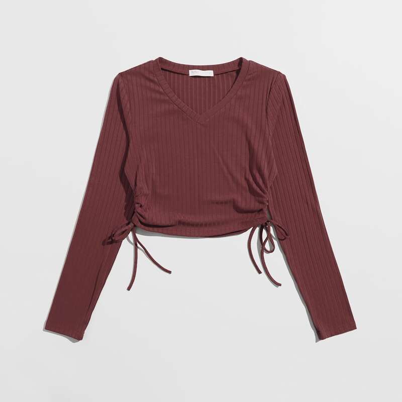 

V Neck Drawstring Side Crop Tee, Redwood
