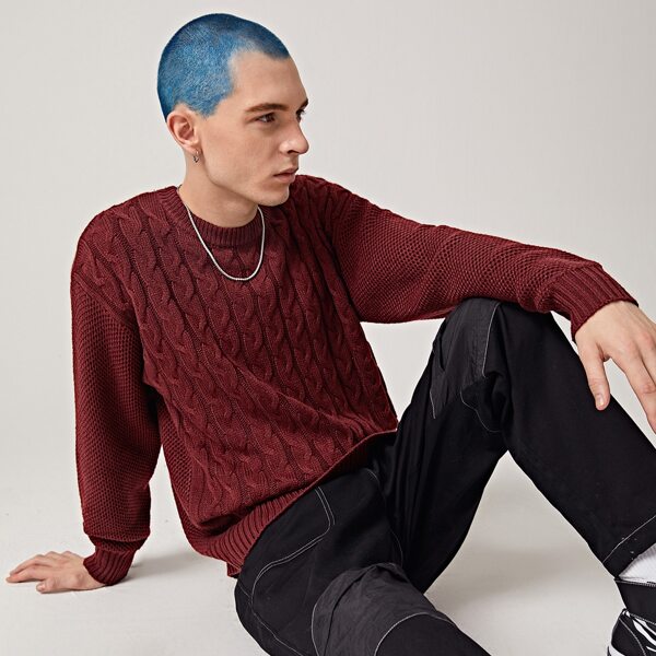 

Men Cable Knit Drop Shoulder Sweater, Burgundy