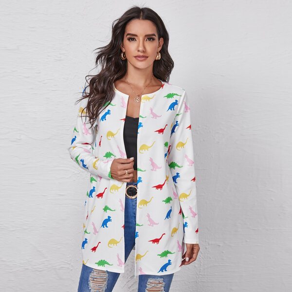 

Dinosaur Print Open Front Coat, White