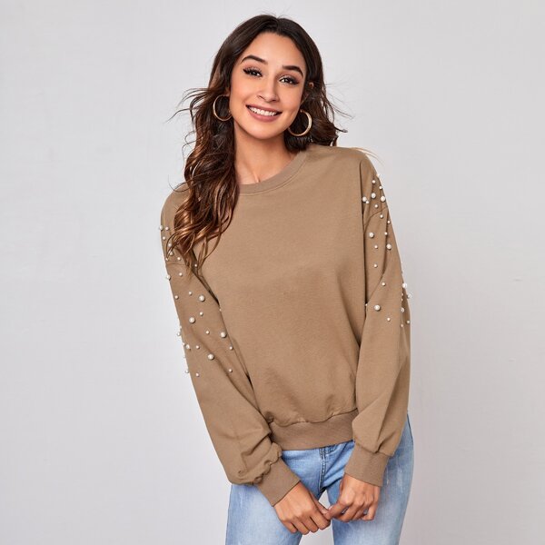 

Drop Shoulder Pearls Beaded Pullover, Khaki