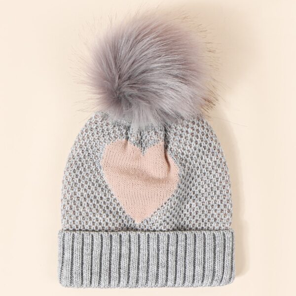 

Pom Pom Decor Heart Pattern Beanie, Grey