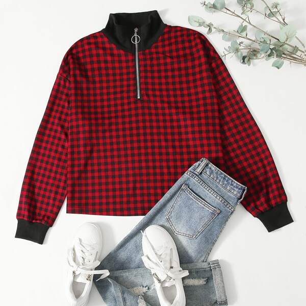 

Plus Zip Half Gingham Sweatshirt, Multicolor