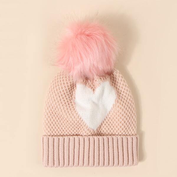 

Pom Pom Decor Heart Pattern Beanie, Pink