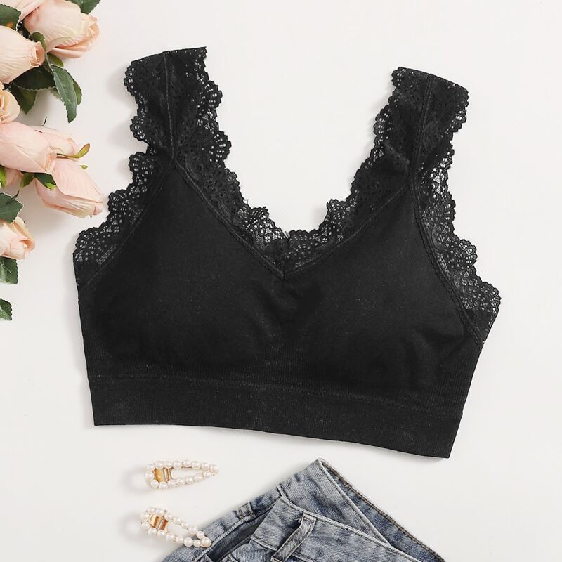 

Ribbed Lace Trim Bralette, Black
