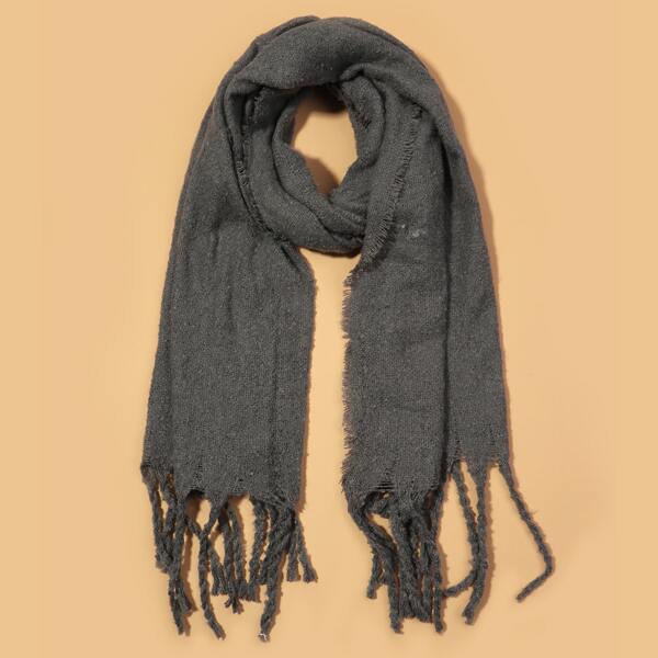 

Fringe Hem Plain Scarf, Black