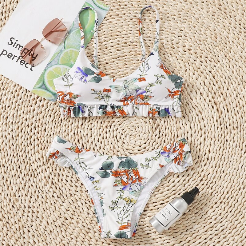

Floral Frill Trim Bikini Swimsuit, Multicolor