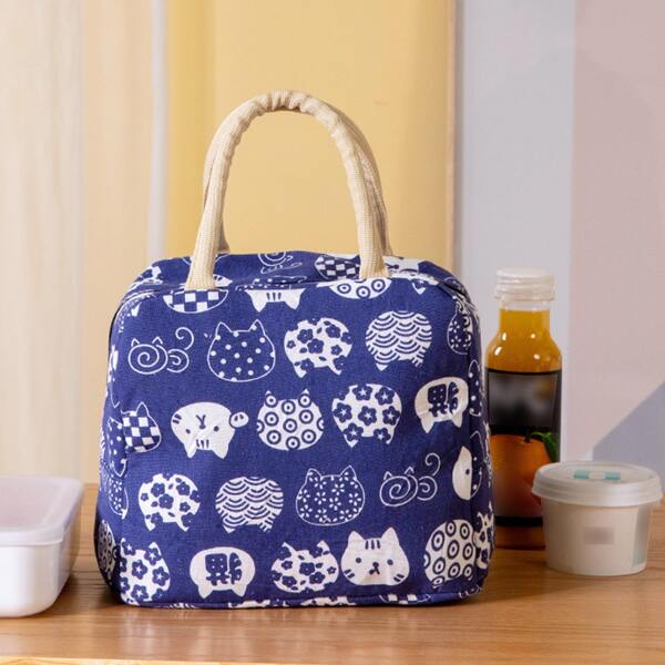 

1pc Cartoon Cat Print Lunch Bag, Blue and white