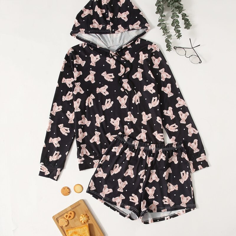 

Bear Print Hoodie & Shorts Lounge Set, Black