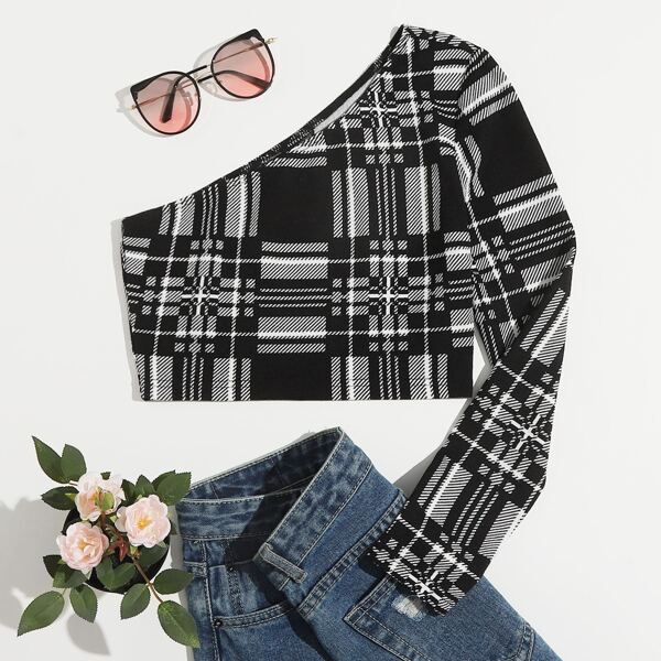 

One Shoulder Plaid Crop Top, Black and white