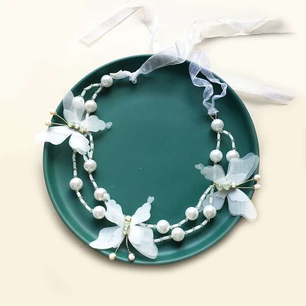 

Butterfly & Faux Pearl Decor Headband, White