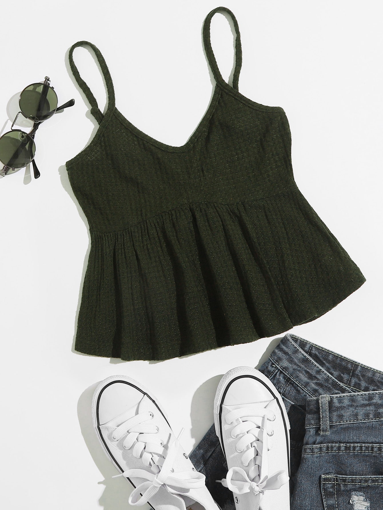 Ruffle Hem Waffle Knit Cami Top thumbnail