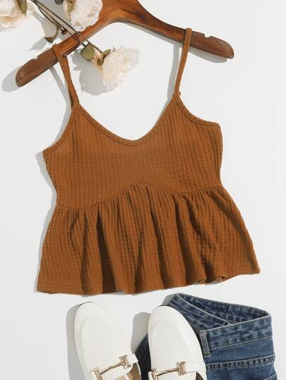 Soleia Top de tirantes tejido waffle bajo con fruncido