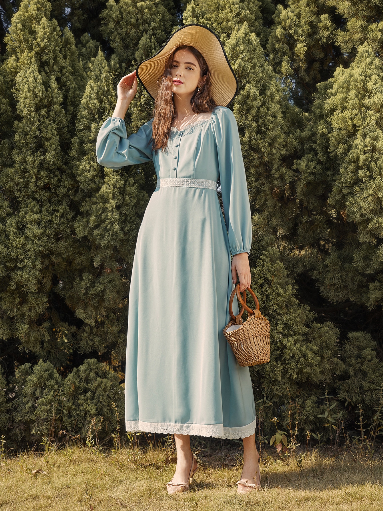 Contrast Lace Sweetheart Neck Tie Back Dress thumbnail
