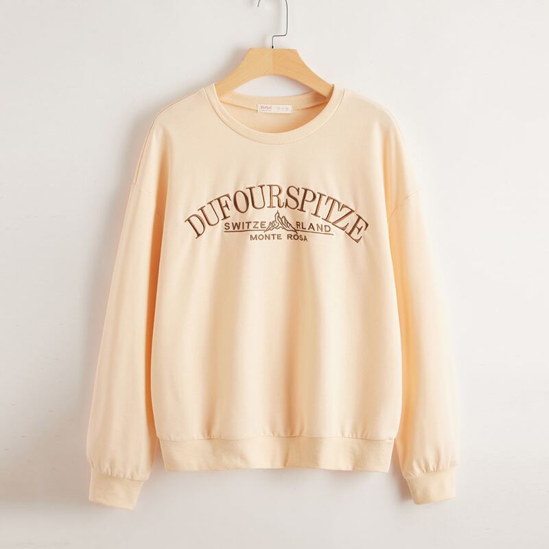 

Letter Graphic Embroidery Drop Shoulder Sweatshirt, Apricot