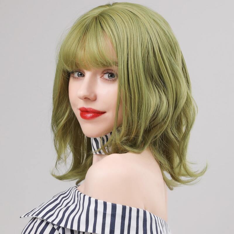 

Natural Curly Short Wig With Bangs, Olive green