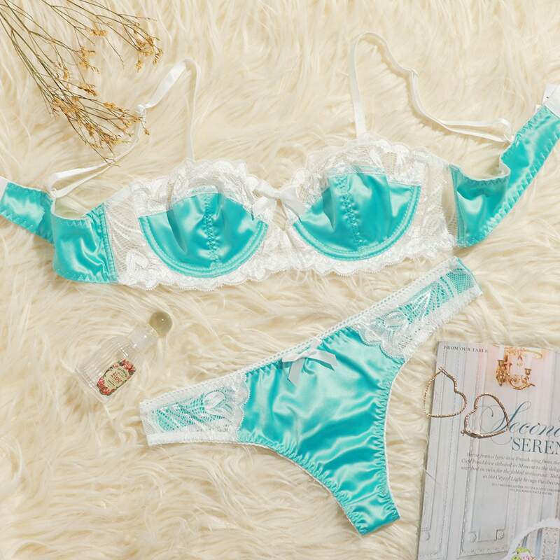 

Floral Lace Underwire Satin Lingerie Set, Mint green